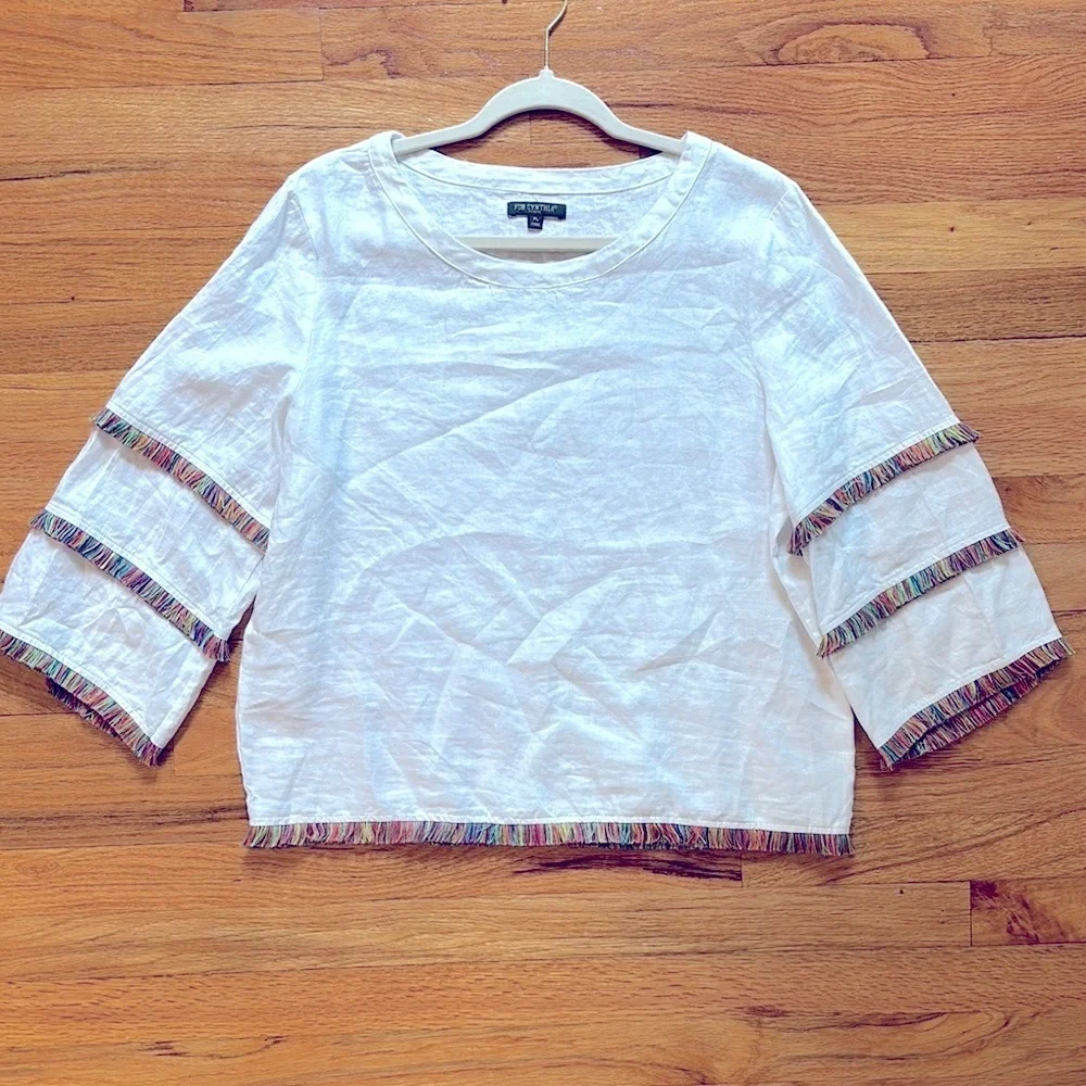 For Cynthia Linen Top Women’s Petite Large White Fringe Coastal Cottagecore - Picture 1 of 8